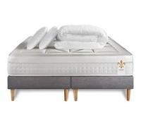 Matelas 200 x 200 cm Vingt-Huit - Ressorts ensachés et mémoire de forme - Ep : 28 cm - sommier Gris avec 2 oreillers et couette G