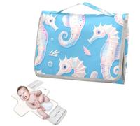Matelas à langer réutilisable avec poche à mouchoirs, matelas à langer imperméable pour bébé, léger et pliable, motif hippocampe, bleu doux