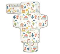 Matelas à langer réutilisable et lavable avec poche en tissu - Tapis à langer de voyage pour nourrisson - Kit de station de voyage - Dessin animé enfantin - Maisons colorées et arbres
