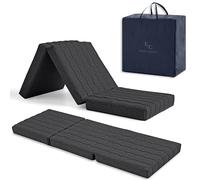 Matelas de Camping, Voyage, Caravane. Pliable 65 x 195 cm, Noyau Mousse HD + 2 cm viscoélastique pour Matelas Pliable Camper Respirant, Hauteur 12 cm, Couleur Noire. avec Sac et Coussin.