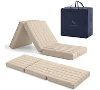 Matelas pliable 65 x 195 cm mousse HD + 2 cm viscoélastique Matelas de sol pour jeux d'enfants, invités, camping, pliable et très polyvalent, hauteur 12 cm, couleur beige, avec sac et coussin.