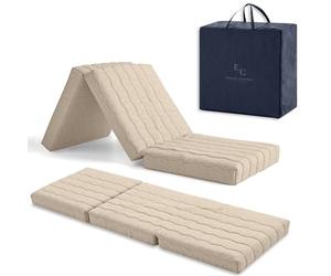 Matelas pliable 65 x 195 cm mousse HD + 2 cm viscoélastique Matelas de sol pour jeux d'enfants, invités, camping, pliable et très polyvalent, hauteur 12 cm, couleur beige, avec sac et coussin.