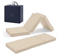 Matelas pliable pour invités 90 x 195 cm en mousse HD à mémoire de forme respirante pour jeux d'enfants, camping, très polyvalent, housse lavable, hauteur 10 cm, couleur beige. Avec sac et coussin.