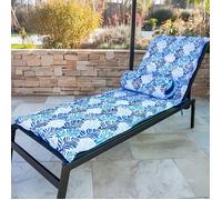 Matelas Transat 195x60 Motif Feuillage Bleu + Traversin - Anti-UV & Déperlant