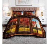 Matelassée Couette 4 Saisons 160 x 200 cm Fenêtre Bois Paysage D'Automne Feuilles Couette Couverture Respirante et Super Douce, Jaune Microfibre Couette sans Housse Réversible Douce Lavable en Machine