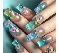 Matériaux ABS carrés bleus océans motif poisson-clown paillettes French Tip Faux ongles pour femme fête usage quotidien Bleu mer