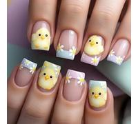 Matériaux ABS pour coller les ongles, forme carrée courte avec poussins sur le thème des vacances et marguerites artificielles motif de Pâques