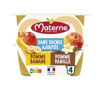 MATERNE Compote Duo Sans Sucres Ajoutés Pomme Banane & Pomme Vanille - Pack de 4 coupelles de 100g chacune - Nutri-Score A - Pommes Origine France - Lot de 4