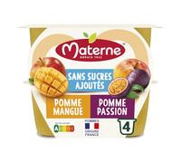 MATERNE Compote Duo Sans Sucres Ajoutés Pomme Mangue & Pomme Passion - 4 coupelles de 100g chacune - Pommes origine France - Nutri-Score A - Pack pratique et gourmand - Lot de 4