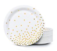 MATICAN Lot de 100 assiettes jetables en papier blanc et doré à pois en aluminium 22,86 cm