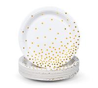 MATICAN Lot de 50 assiettes en carton jetables blanches et dorées, à pois en aluminium, 22,9 cm
