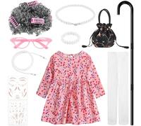 Matiniy Ensemble de costume pour femme comprenant une jupe florale pour grand-mère, une perruque, des lunettes, un sac, une canne et plus encore pour le 100e jour d'école (rose, 4 à 5 ans)
