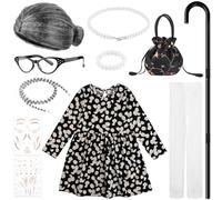 Matiniy Ensemble de costume pour femme comprenant une jupe florale pour grand-mère, une perruque, des lunettes, un sac, une canne et plus encore pour le 100e jour d'école (noir, 5 à 6 ans)