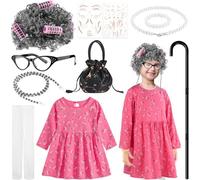 Matiniy Ensemble de costume pour femme comprenant une jupe florale pour grand-mère, une perruque, des lunettes, un sac, une canne et plus encore pour le 100e jour d'école (rose, 7 à 9 ans)