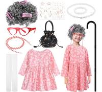 Matiniy Ensemble de costume pour femme comprenant une jupe florale pour grand-mère, une perruque, des lunettes, un sac, une canne et plus encore pour le 100e jour d'école (rose clair, 5 à 6 ans)