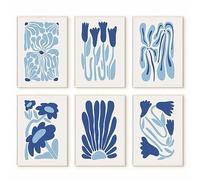Matisse - Lot de 6 impressions sur toile murale abstraites bleues - Impressions sur toile de galerie Picasso - Images de fleurs pour salle de bain - 20,3 x 25,4 cm - Sans cadre