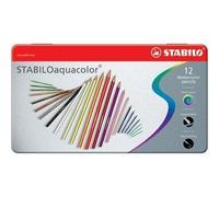STABILO Crayons de couleur Aquacolor 1612-5 – Aquarellables, étui métal, mine Ø2,8 mm, boîte 12