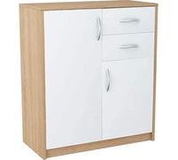 MATKAM Commode 2 portes avec 2 tiroirs | H x l x P 85 x 74 x 35 cm | tiroir l x P 32 x 33 cm, rails de guidage et charnières en métal (Chêne Sonoma - façade en blanc)