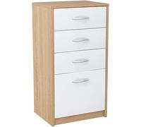 MATKAM Commode avec 4 tiroirs | H/L/P 85 x 45 x 35 cm, poignées Effet métal satiné | Tiroir l/P 32 x 33 cm, Rails de Guidage en métal (Chêne Sonoma - façade en Blanc)