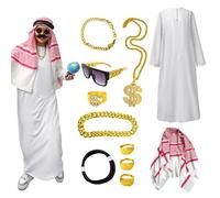 Matreeglam Arab Sheik Costume Homme | Costume Arabe Blanc Avec Coiffure De Robe | Vêtements Arabes Pour L'anniversaire De Fête De Carnaval | Halloween Cosplay Fancy Dress Up Smiffys Arabian Costume