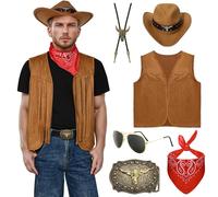 Matreeglam Costume de cowboy pour homme - Costume de cowboy occidental avec gilet à franges, chapeau, foulard, lunettes, hippie pour carnaval, Halloween, cosplay (marron, taille M)