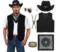 Matreeglam Costume de cowboy pour homme - Costume de cowboy occidental avec gilet à franges, chapeau, foulard, lunettes, hippie pour carnaval, Halloween, cosplay (noir, taille M)