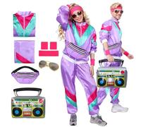 Matreeglam Costume des années 80 pour homme et femme - Survêtement - Veste - Pantalon - Costume des années 80 et 90 - Accessoires de fête pour carnaval - Violet - Taille 2XL