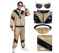 Matreeglam Survêtement des années 80 et 90 - Rétro - Veste disco - Pantalon de jogging - Costume de carnaval - Avec poche ventrale - Lunettes Elvis dorées - Pour Halloween, fête à thème, carnaval