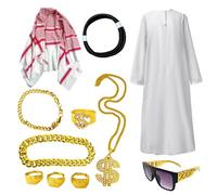 MATREGLAM ARAB SHEIK Costume Men | Costume Arabe Blanc Avec Un Casque De Robe | Vêtements Arabes Pour L'anniversaire De La Fête Du Carnaval | Halloween Cosplay Fancy Dish Up Smiffys Arabian Costume