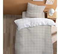 MATT & ROSE Greige Checks Parure de Lit 1 Place Imprimée Réversible | 100% Coton | Oeko-TEX | Housse de Couette 135x200cm + taie d'oreiller 80x80 cm | Beige