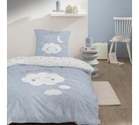 MATT & ROSE Parure de lit Enfant Fille Garçon Cumulus | 100% Coton 57 Fils | Oeko-TEX | Housse de Couette 140x200 cm + 1 Taie d'oreiller 63x63 cm Imprimées Réversibles | Bleu, Blanc