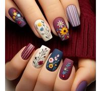 Matte Faux Nails Colorful Flower Press ONS Stick Stripe White Stripe On Artificial Acrylic Full Covers 24pcs Matte Faux Nail