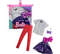 Mattel - Barbie and Ken Fashion 2-Pack, Purple Dress with Bow and White Polka Dot Shirt with Bow Tie and Red Pants