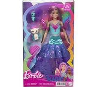 Barbie® Malibu A Touch of Magic Poupée inspirée du film Barbie® A Touch of Magic avec cheveux longs d’environ 18 cm, robe et 2 animaux fantastiques, JCW48