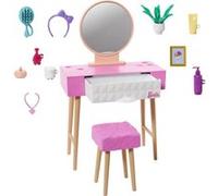 Mattel - Barbie Mobilier - HJV35 - Ensemble mobilier décoration de Maison de poupée Barbie - thème de vanité, Miroir, Tabouret et Produits de beauté G