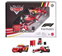 Mattel Disney et Pixar Cars x Coffret Formule 1 de 3 véhicules | Flash McQueen, Francesco Bernoulli et Alex Machino avec pneus empilés et chariot outils, JTJ08