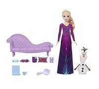 Mattel Disney La Reine des Neiges Elsa et Olaf Rêves de Neige Coffret avec poupée en tenue de nuit, figurine Olaf, mobilier de maison de poupée et 7 accessoires, HLX27