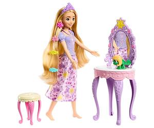 Mattel Disney Princess Coffret Avec Poupée Raiponce Inspiré Par Le Dessin Animé, Coiffeuse Violet Et Rose Et 10 Accessoires, Figurine Pascal À Clipser, Jouet Enfant, Dès 3 Ans, HLX28