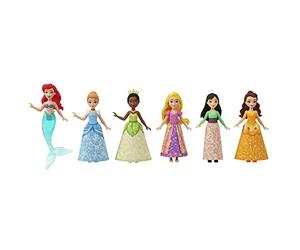 Mattel Disney Princesses - Coffret 6 Mini-Poupées Articulées avec Habillage Scintillant et 13 Accessoires pour le Thé, Inspirées des Films JCR91