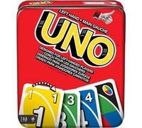 Mattel Games Uno Jeu de cartes pour soirée familiale avec cartes spécialement conçues pour les gauchers dans une boîte en étain à collectionner