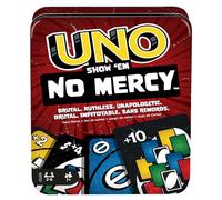 Mattel Games UNO No Mercy Jeu de cartes dans sa boîte de transport et de voyage, pour des soirées jeux en famille, avec des règles spéciales et des pénalités plus sévères, HXT57