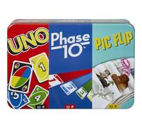 Mattel Games UNO Phase 10 et Pic Flip Bundle 3 jeux de cartes Mattel dans une boîte de rangement décorative pour les soirées de jeux pour enfants