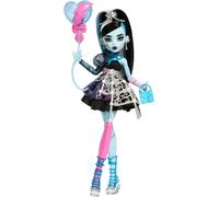 Monster High Poupée Frankie Stein Anniversaire Monstrueusement Mémorable avec robe de fête noire et accessoires à thèmes dont un ballon, un cadeau et un rouge à lèvres, JBG75