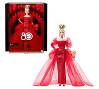Barbie Spécial 80ème Anniversaire de Mattel Poupée emblématique à collectionner dans une robe en tulle rouge pailletée avec pendants d’oreilles et gants transparents, blonde, JBJ17