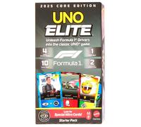 Mattel Games – UNO Élite Formule 1 Édition Standard 2025 – 4 boosters, 2 cartes – JLV42