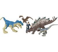 Mattel Jurassic World Dominion Chaotic Cargo Lot de 5 mini figurines, 1 humain et 4 jouets dinosaures dans un emballage sur le thème du camion cargo