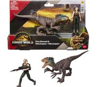 Mattel Jurassic World Rebirth Lot de figurines humaines et dinosaures, Zora Bennett et Velociraptor, échelle précise de 9,4 cm, collection articulée