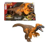 Mattel Jurassic World: Renaissance Utahraptor , dinosaure articulé avec morsure commandée à partir de la queue, attaque dans toutes les directions, rugissement féroce, son et jeu virtuel JGC80