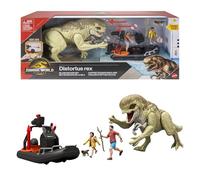 Mattel Jurassic World : Renaisssance , Coffret véhicule avec figurines de dinosaure et d’humains, embarcation du film, Distortus Rex et Delgado, Isabella et Aquilops, JGB55
