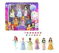Mattel Princesses Disney Coffret 6 mini-poupées articulées avec Tiana, Cendrillon, Mulan, Belle, Raiponce et Ariel, habillage scintillant et 13 accessoires, Jouet Enfant, Dès 3 ans, HLW91